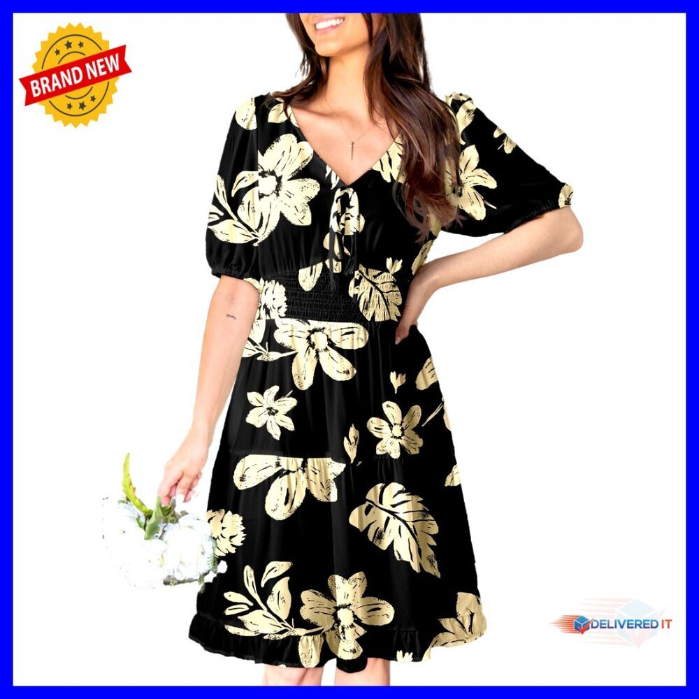 Lantern Sleeve Shirred Waist A-Line Mini Dress Boho Chic Wedding Guest Casual